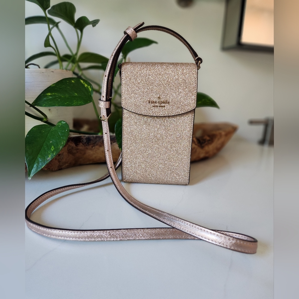 Kate Spade Shimmy Glitter North South Flap Phone Crossbody Rose Gold Pink - Picture 3 of 10